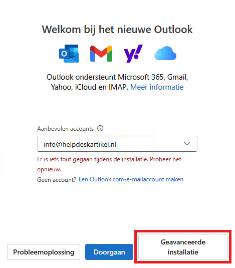 E-mailadres toevoegen in nieuwe Outlook - Geavanceerde installatie.png