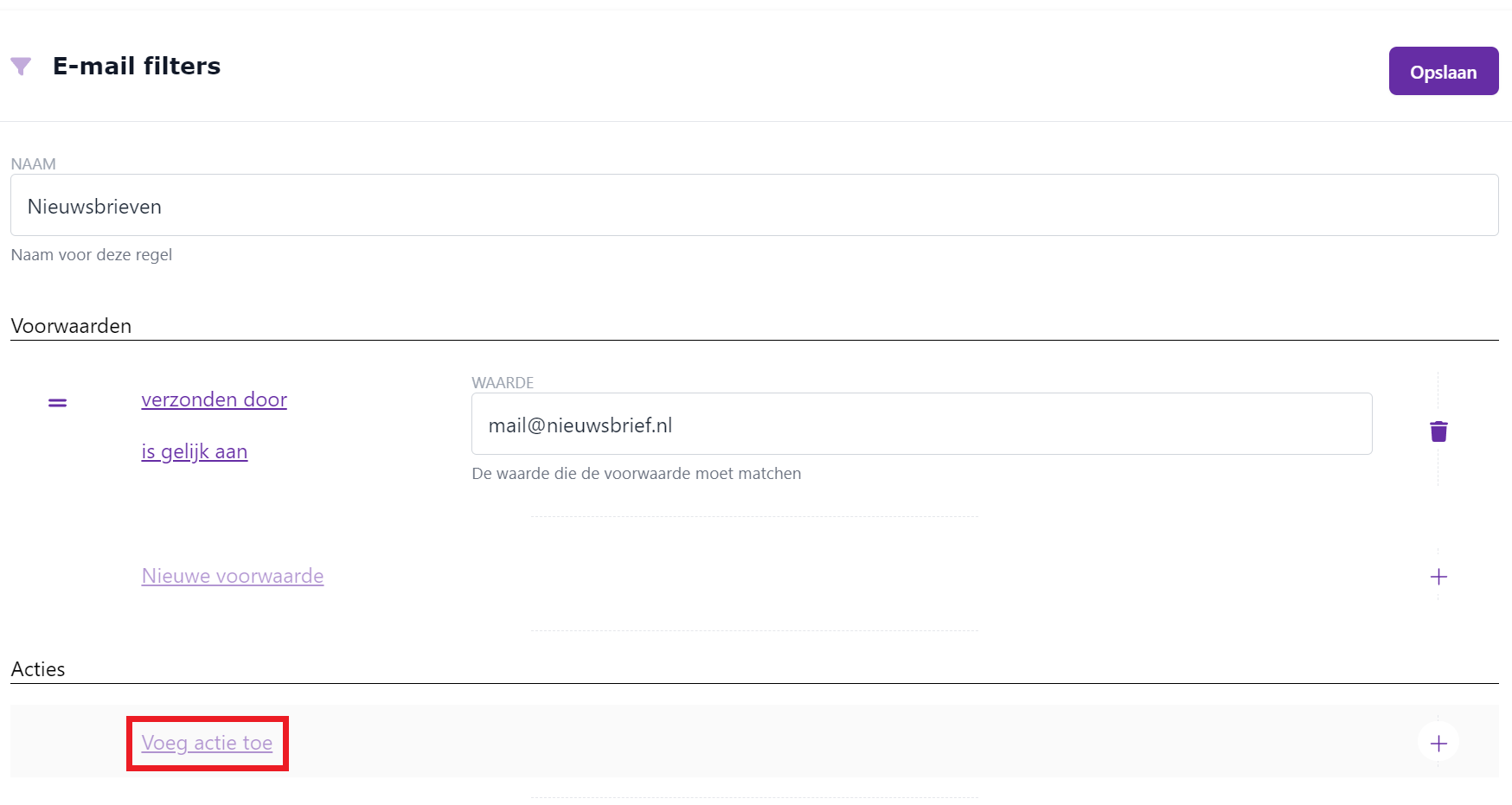 E-mailfilter instellen - Nieuwsbrieven - Voeg actie toe.png
