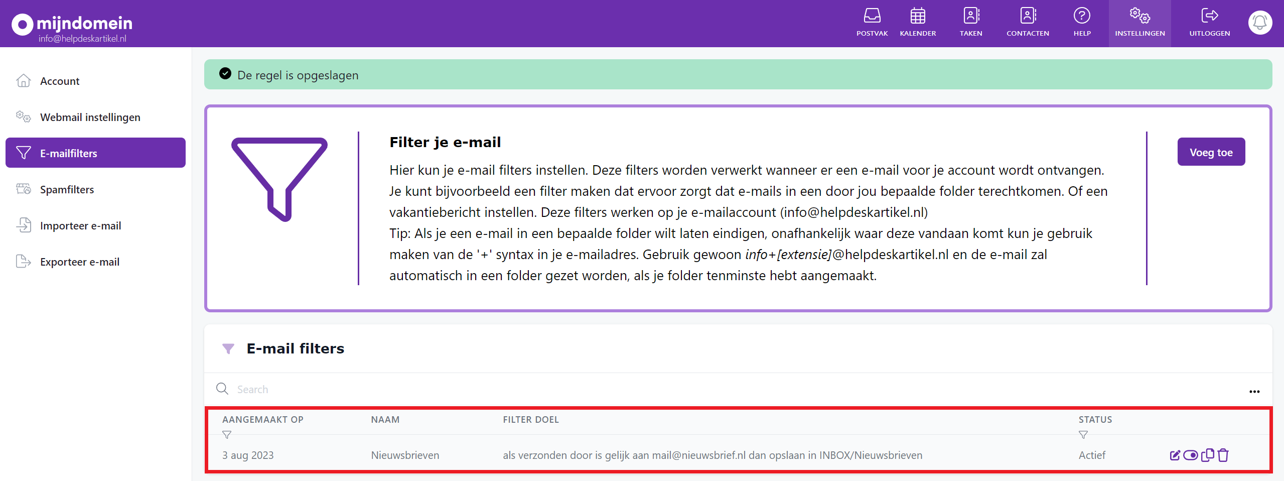 Mijndomein e-mailfilters - overzicht met nieuwe regel.png