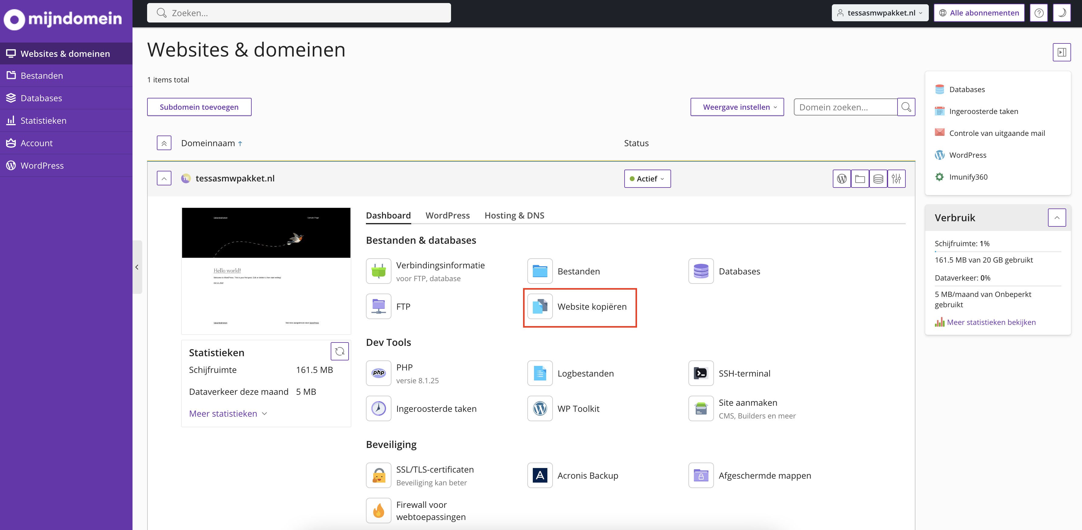 Schermafbeelding Plesk website kopiëren