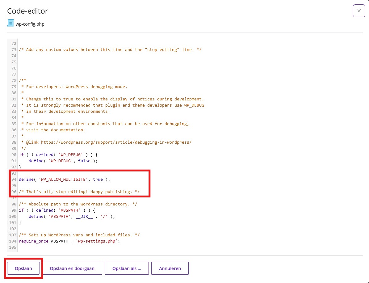 activeren multisite in wp-config bestand.jpg