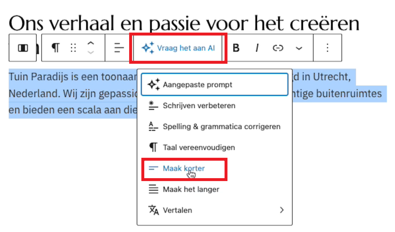 WordPress - Tekst bewerken met AI - Maak korter.png