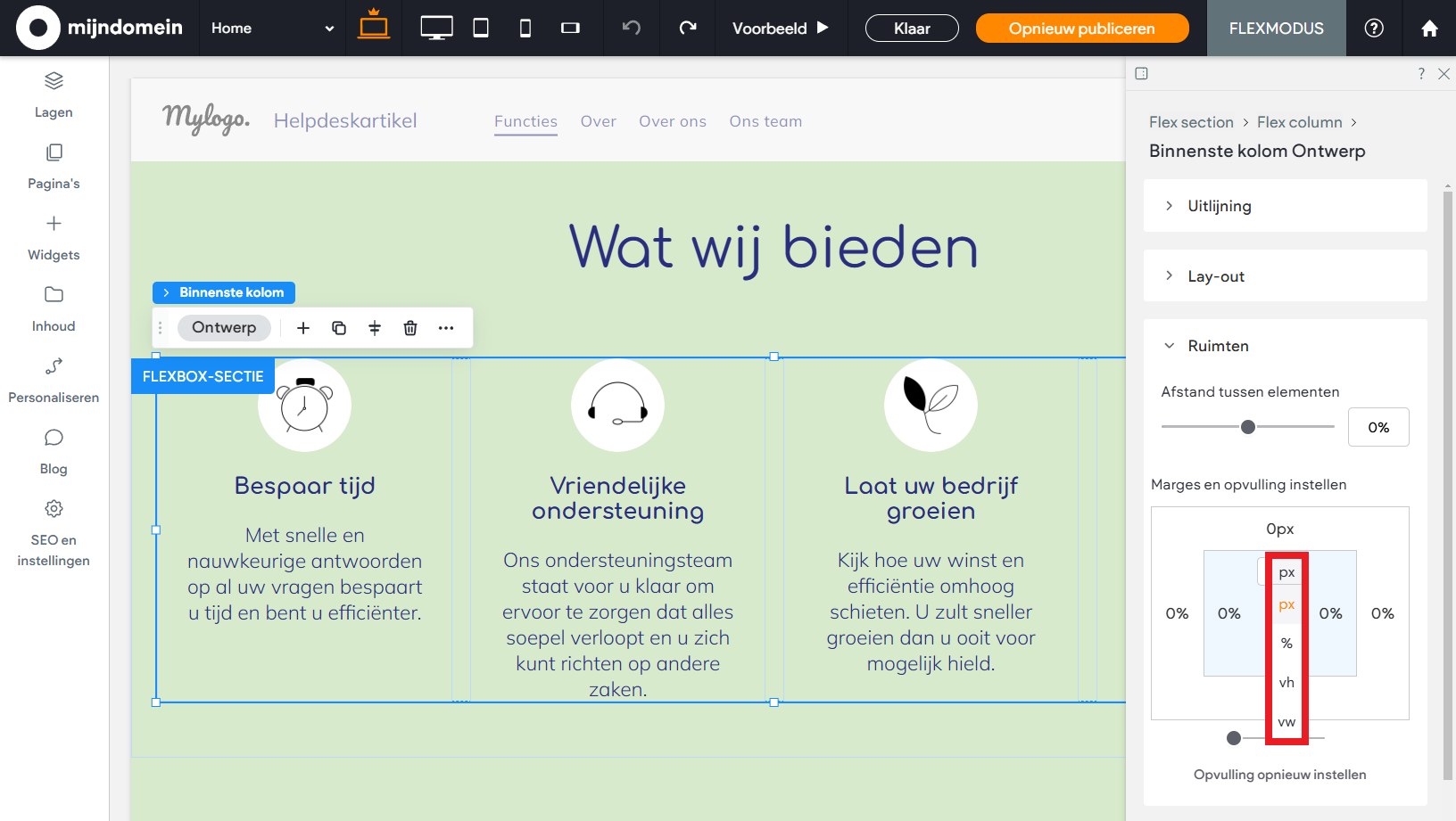 Websitemaker - Flexmodus - Marges en opvulling eenheid kiezen.png