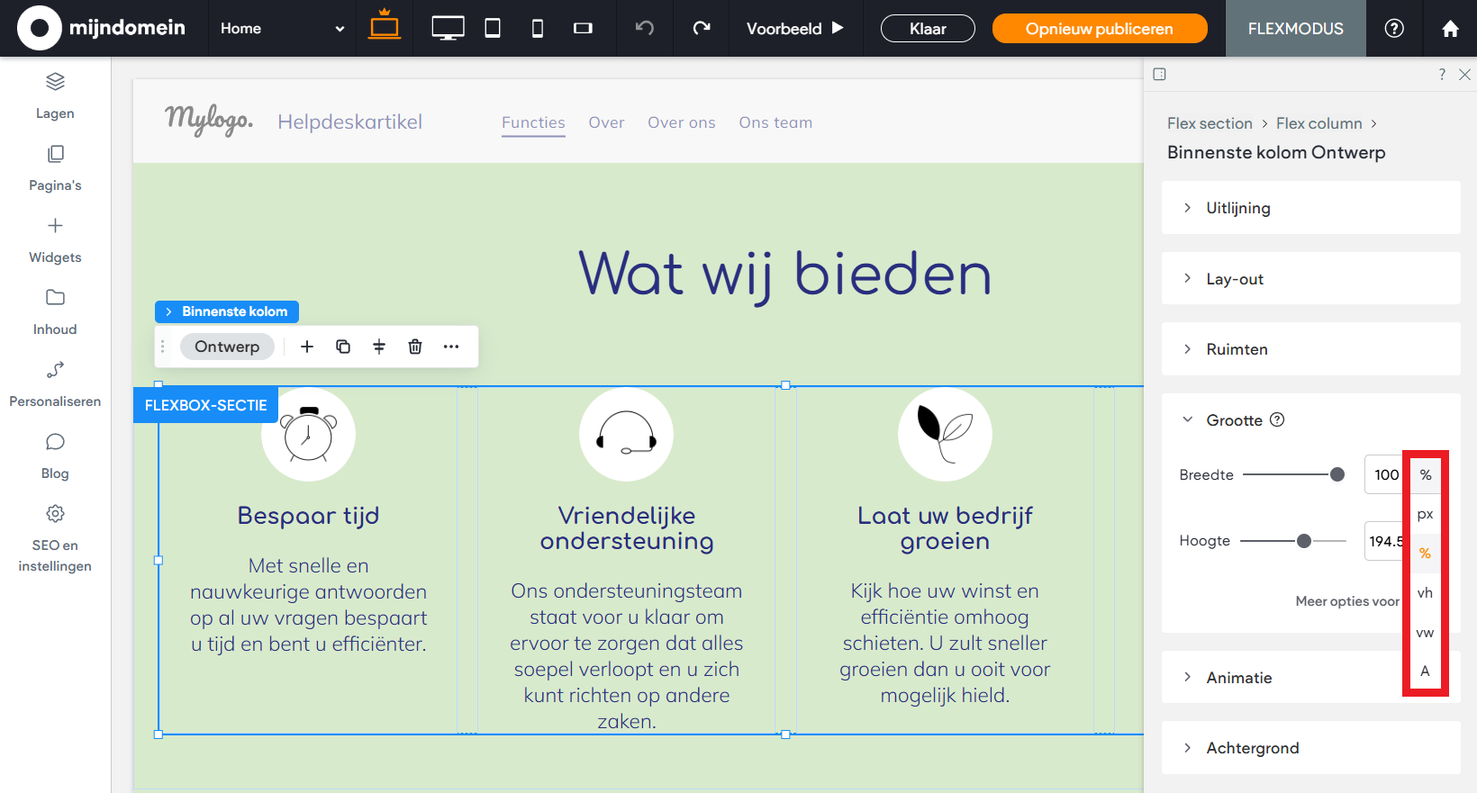 Websitemaker - Flexmodus - Grootte eenheid instellen.png