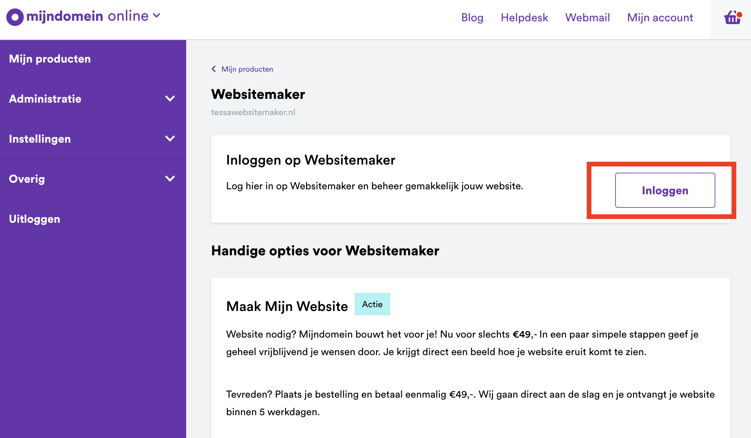 Screenshot van de inloggen knop voor Websitemaker